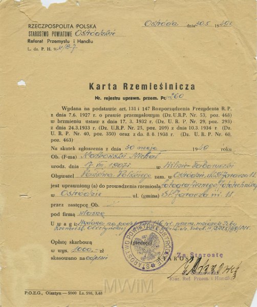 KKE 5561.jpg - Dok. Karta rzemieślnicza wydana przez Starostwo Powiatowe w Ostródzie dla Michała Katkowskiego, Ostróda, 30 V 1949 r.
